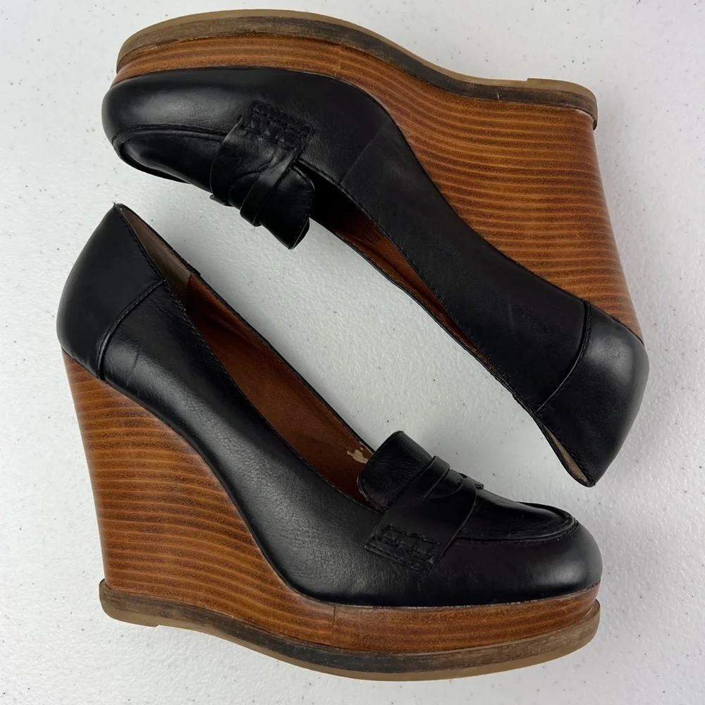 Lucky Brand June Black Leather Platform Wedge Penny Loafers Size 10 - Picture 8 of 13